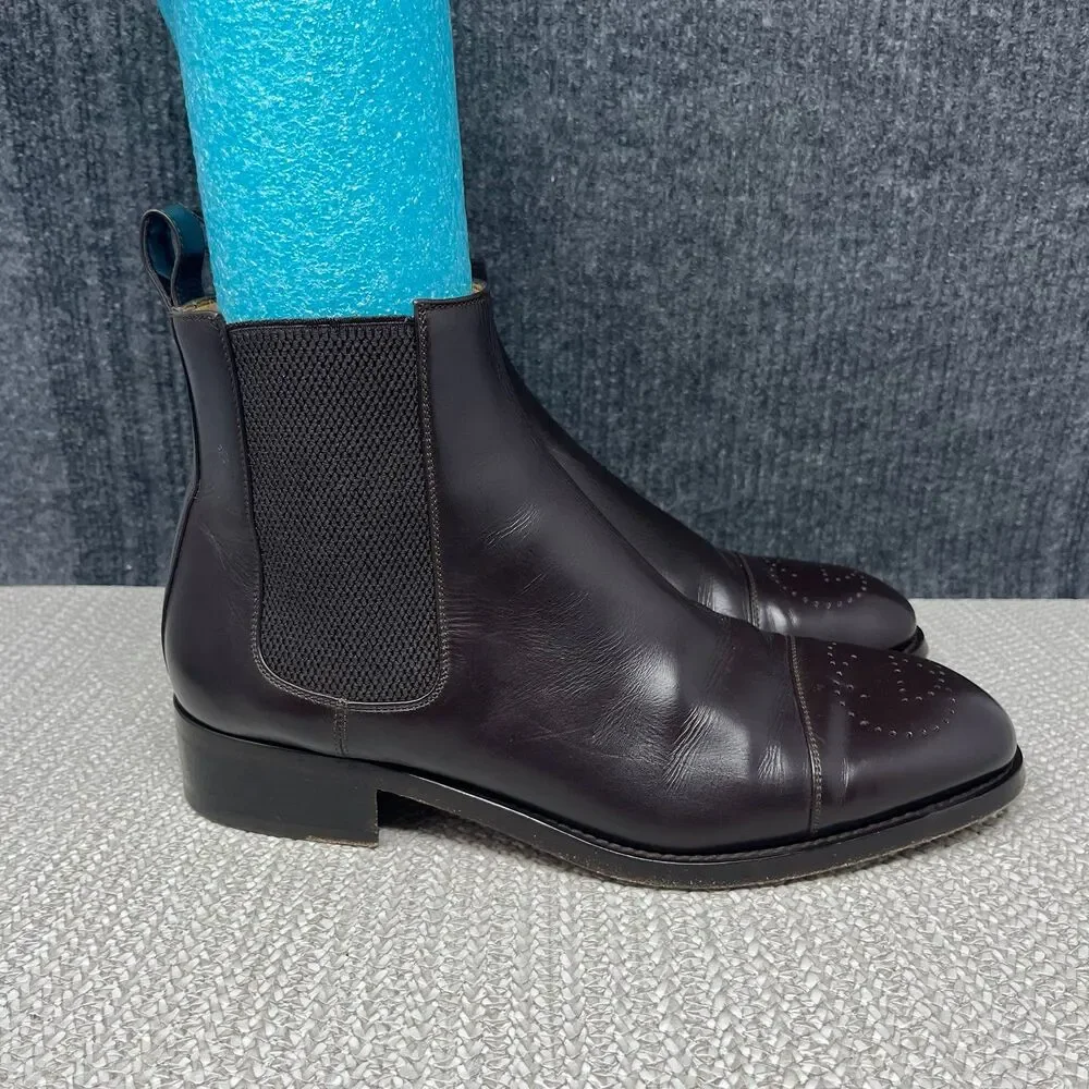 Gucci Zowie Chelsea Boots Brown Leather Pull On Brogue GG Logo 699527 Sz 43 US 9